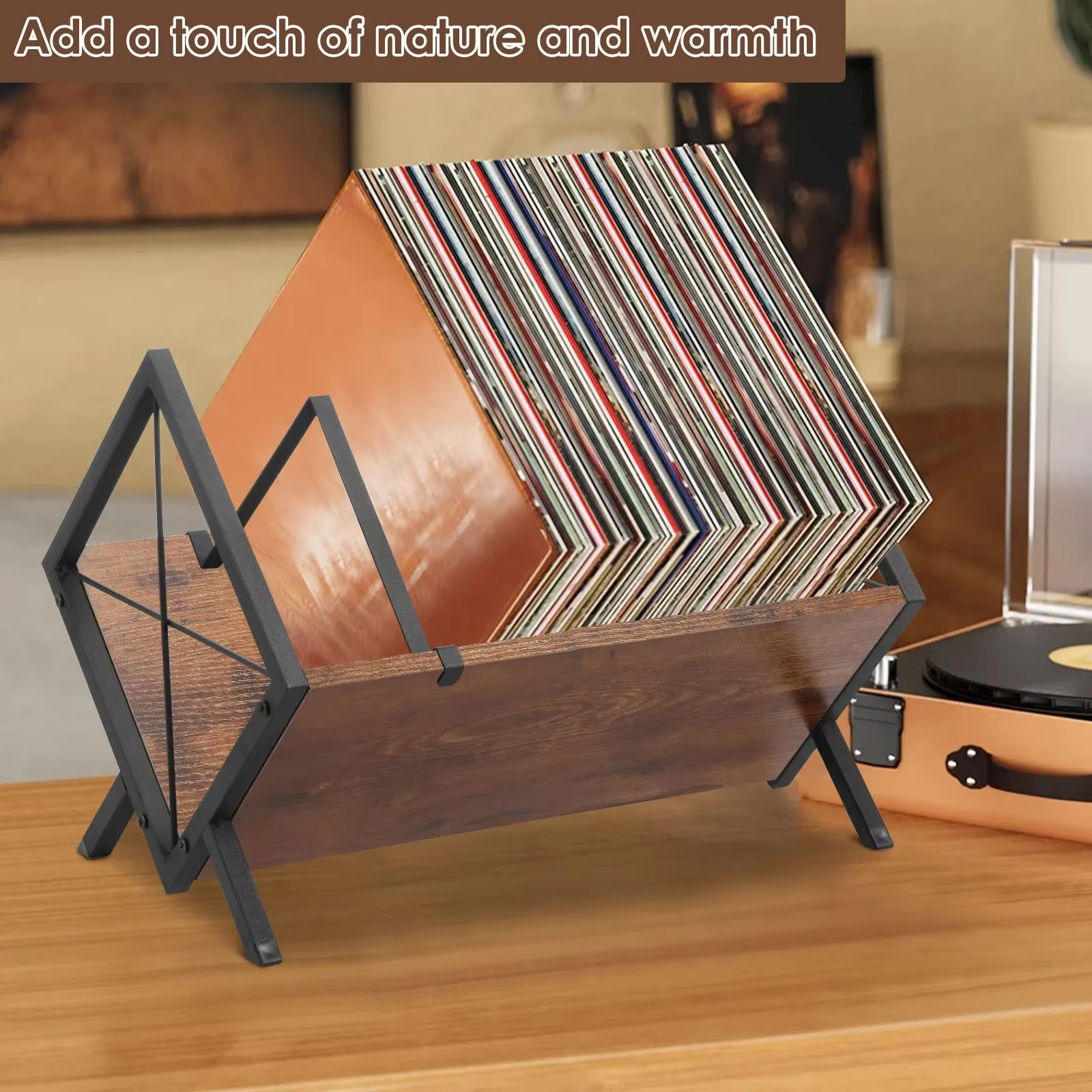 Support de rangement pour disques vinyles, support de rangement de bureau en bois et métal avec séparateur réglable, support décoratif pour disques vinyles, support d'album