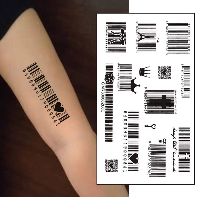 Autocollant de tatouage temporaire de taille mini, motif de code-barres d'amour, autocollants imperméables de longue durée, art corporel unisexe, mode