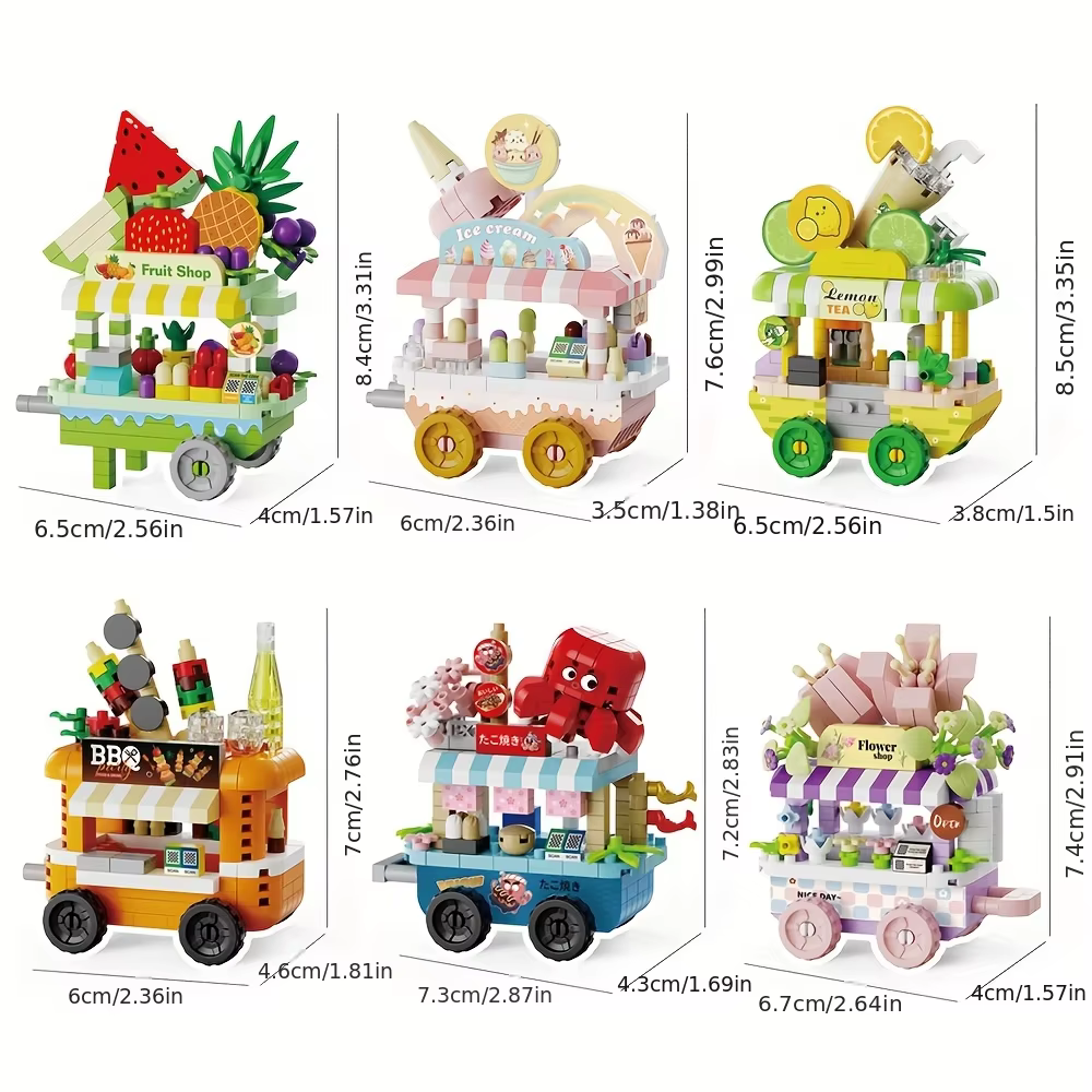Mini-chariots alimentaires pour enfants, modèles de chariots de vente ambulante, briques de construction, jeu d'imitation mignon, puzzle, chariot à collations pour filles, jouet boutique de takoyaki
