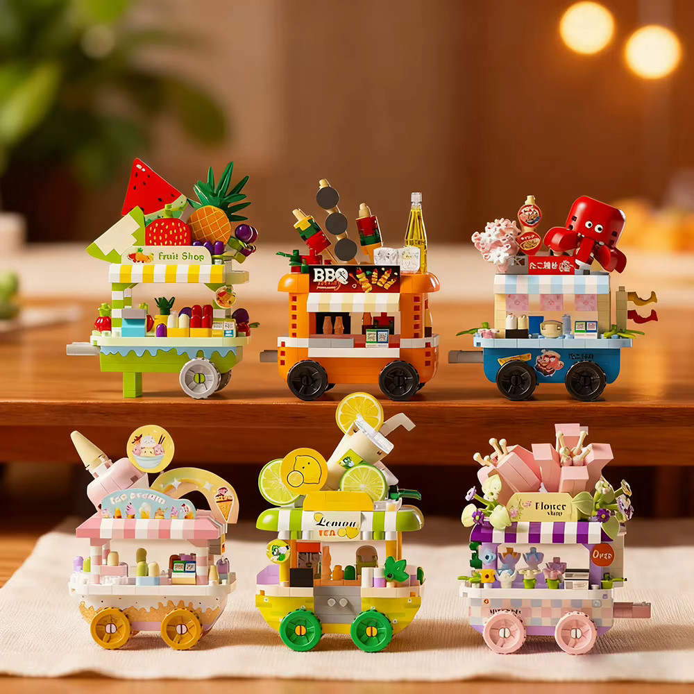 Mini-chariots alimentaires pour enfants, modèles de chariots de vente ambulante, briques de construction, jeu d'imitation mignon, puzzle, chariot à collations pour filles, jouet boutique de takoyaki