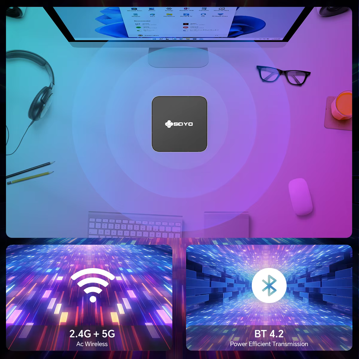 SOYO Mini PC Y5 Air Intel i5 4260U CPU avec 8 Go de RAM, 128 Go de SSD M.2, mini ordinateur de bureau, double affichage 4K, WiFi 5, BT4.2, USB-C