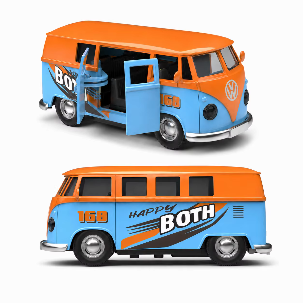 Modèle de bus en alliage MQUDUO 1:36 orange et bleu, réplique de mini-fourgonnette à rétrofriction avec porte latérale ouvrable pour collection et décoration