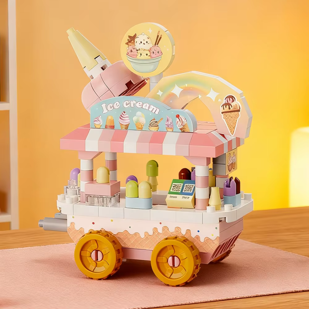 Mini-chariots alimentaires pour enfants, modèles de chariots de vente ambulante, briques de construction, jeu d'imitation mignon, puzzle, chariot à collations pour filles, jouet boutique de takoyaki