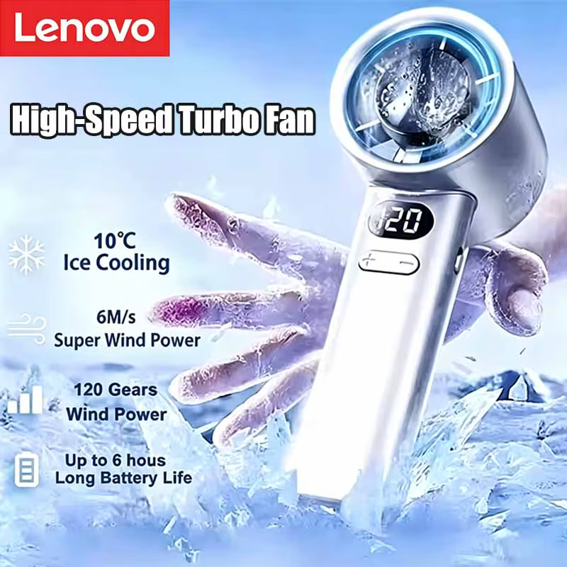 Ventilateur portable Lenovo Mini, 120 vitesses, sans pales, rechargeable, refroidissement instantané avec mode glace, pour hommes et femmes, nouveauté