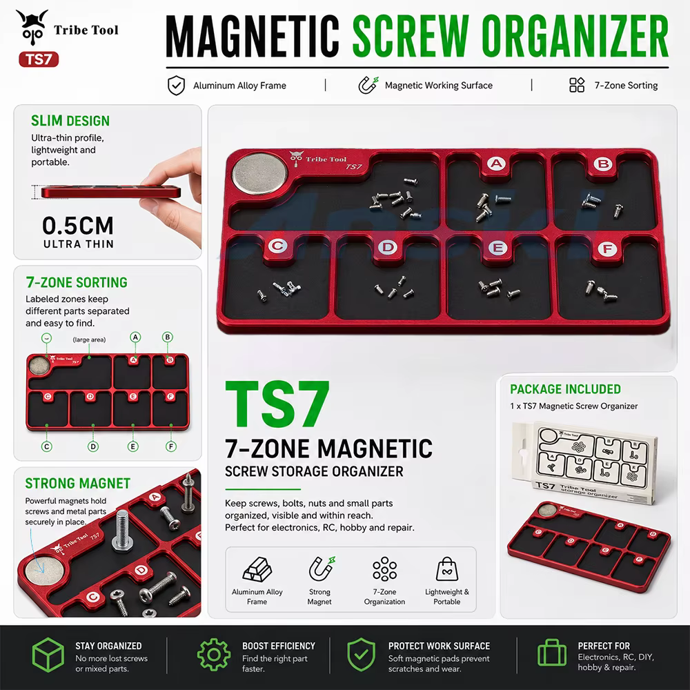 Organisateur de vis magnétique TS7 en alliage d'aluminium, plateau de rangement magnétique ultra-fin pour la réparation de téléphones, ordinateurs portables et électronique, bricolage