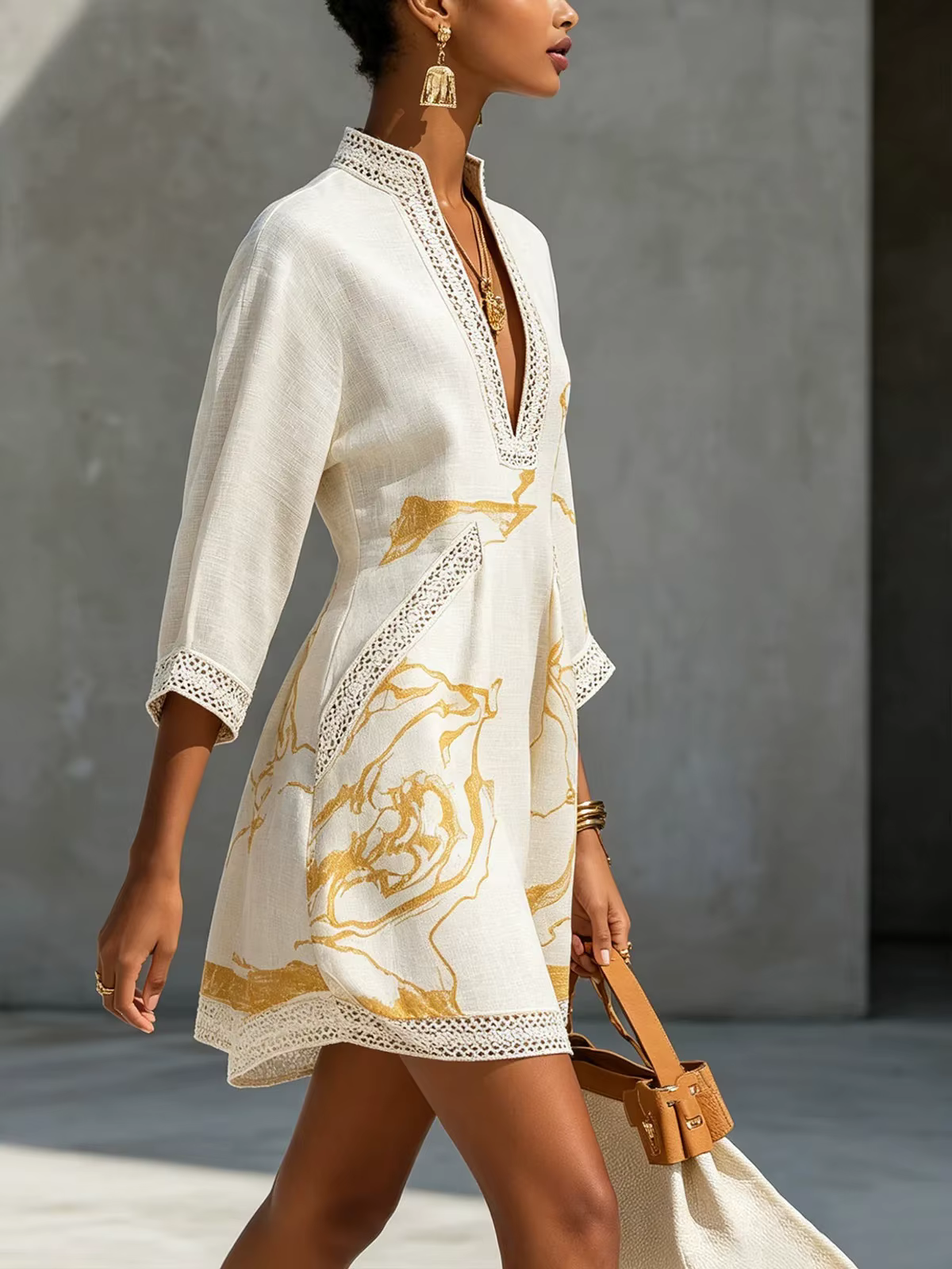 Mini-robe élégante pour femme, avec dentelle, col en V, imprimé abstrait, manches 3/4, poches, décontractée, pour le quotidien et les vacances