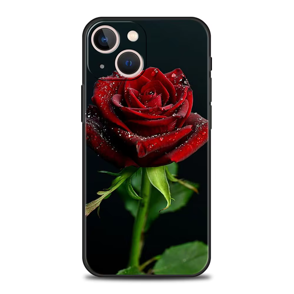 Coque de téléphone de luxe avec belles fleurs de roses rouges, étui noir pour iPhone 15 16 14 13 12 mini 11 Pro Max XS X XR SE 7 8 Plus