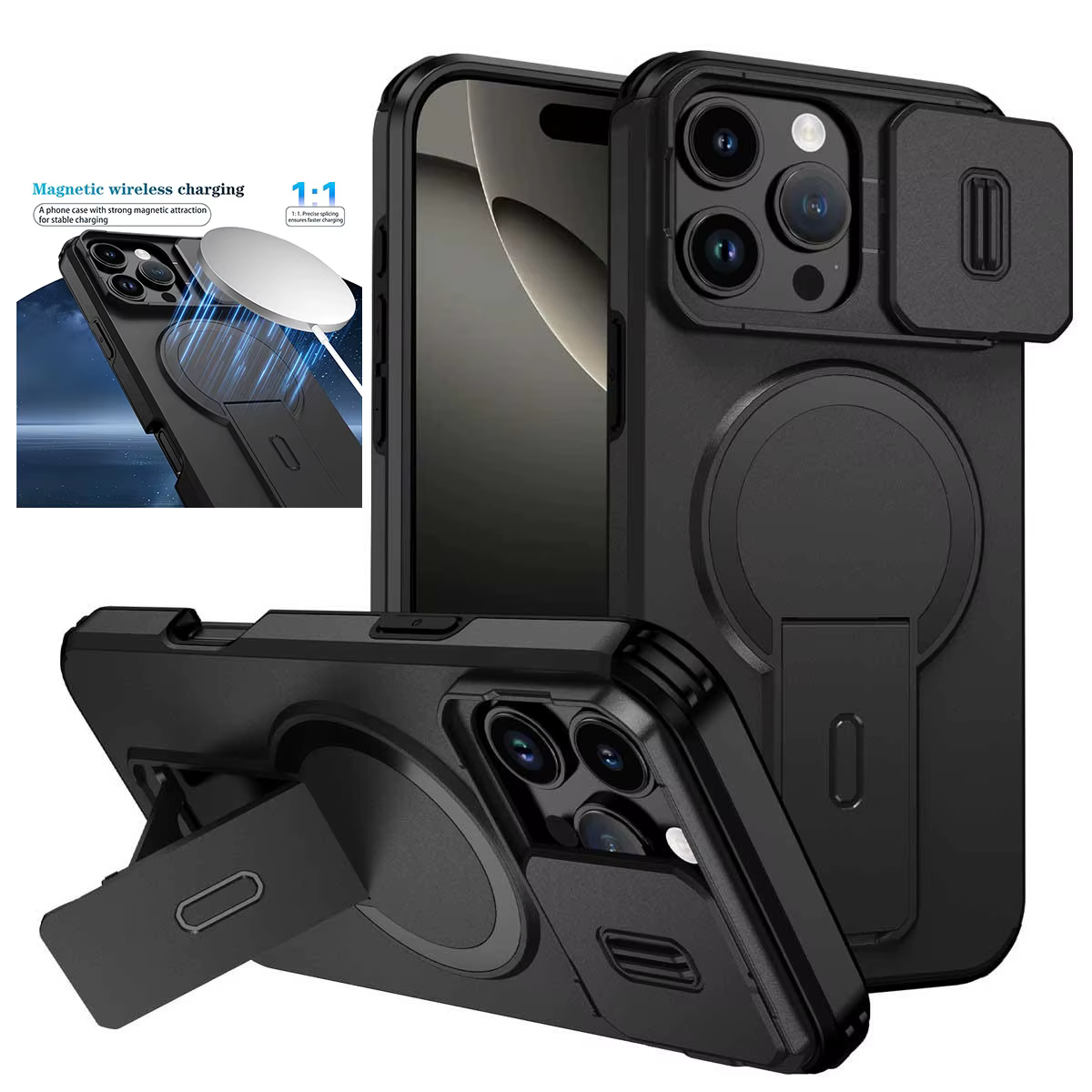 Étui de téléphone robuste avec support magnétique coulissant et béquille pour iPhone 16 15 14 13 12 11 Pro Max 16 15 14 Plus 13 mini 12 mini 16E 17E 17