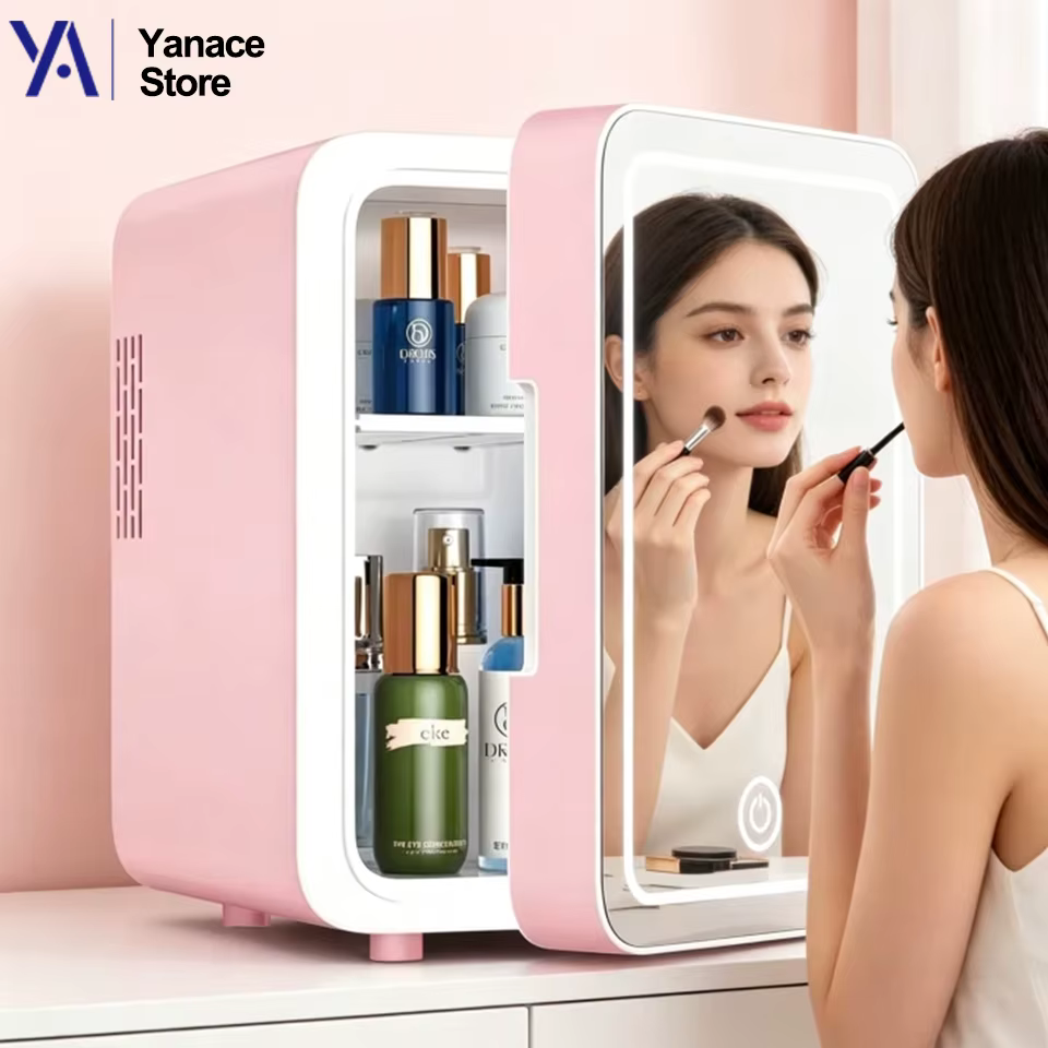 Mini-réfrigérateur de beauté portable avec miroir LED à intensité réglable pour maquillage et cosmétiques, idéal pour chambre, dortoir et voiture ﻿