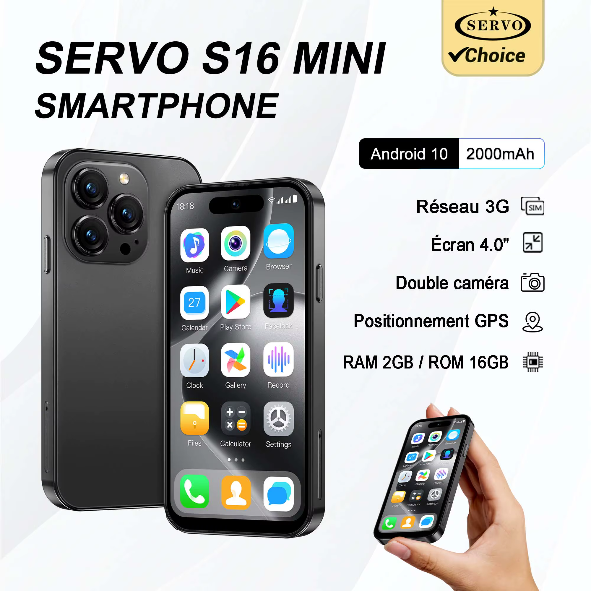 Mini smartphone SERVO S16 Mini 4.0" Android 10 3G WCDMA 2GB+16GB Double SIM Caméra HD WiFi Hotspot Play Store Téléphone de poche compact