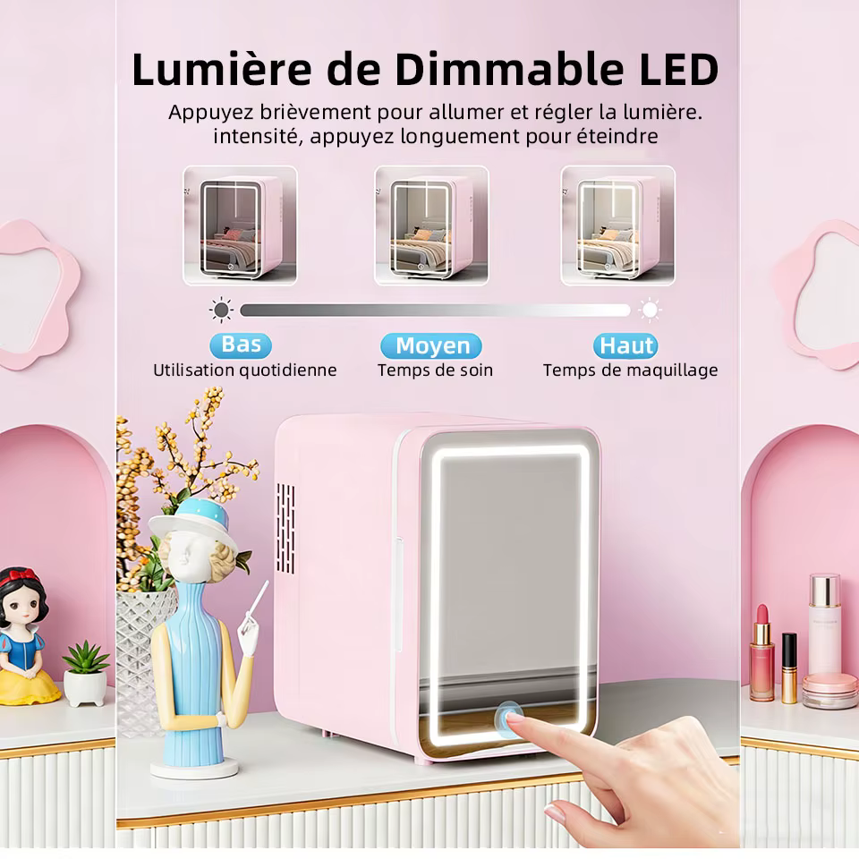 Mini-réfrigérateur de beauté portable avec miroir LED à intensité réglable pour maquillage et cosmétiques, idéal pour chambre, dortoir et voiture ﻿