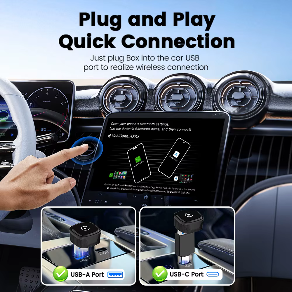 Adaptateur CarlinKit 5.0 Mini Ultra sans fil Android Auto & CarPlay, connexion automatique, Plug & Play pour les voitures équipées de CarPlay et Android Auto, boîte intelligente pour voiture