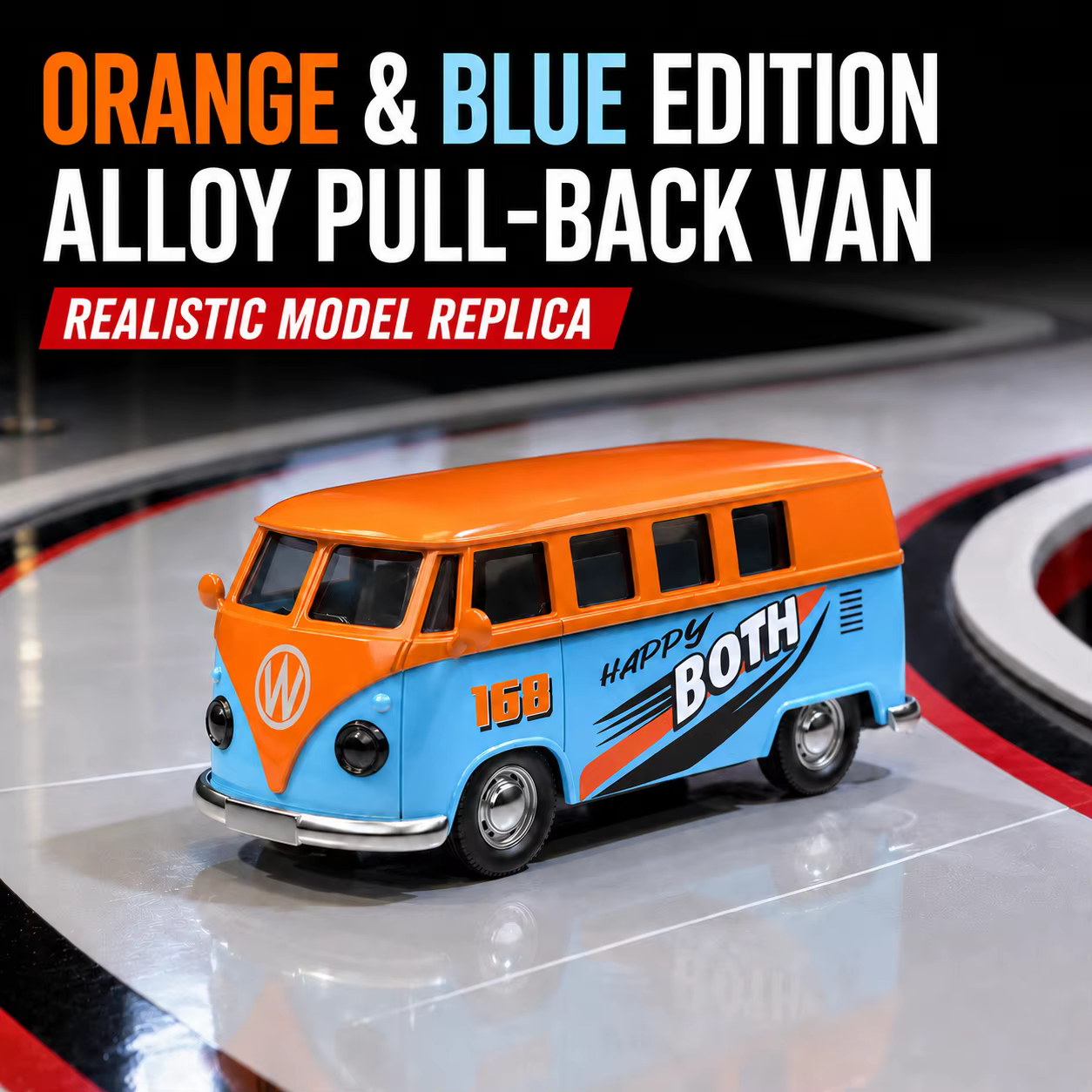 Modèle de bus en alliage MQUDUO 1:36 orange et bleu, réplique de mini-fourgonnette à rétrofriction avec porte latérale ouvrable pour collection et décoration