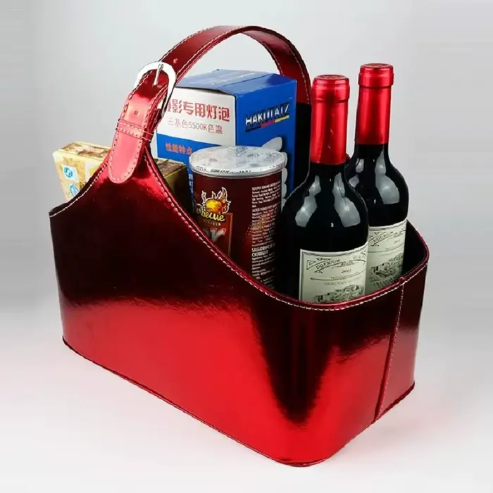Panier cadeau en cuir couleur champagne, panier décoratif, panier à vin rouge