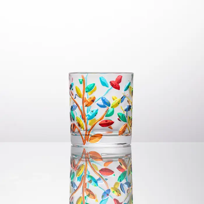 Verre à whisky en verre de Murano italien, Design coloré, feuilles de laurier, Essence nationale, ve