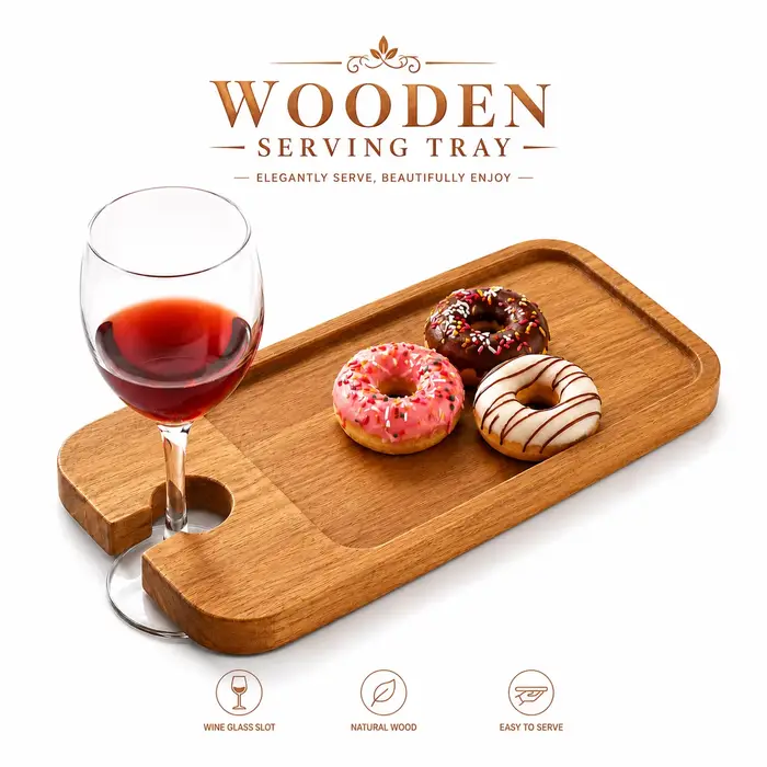 Plateaux de service en bois pour apéritifs, avec porte-verres à vin, mini planches à charcuterie et 
