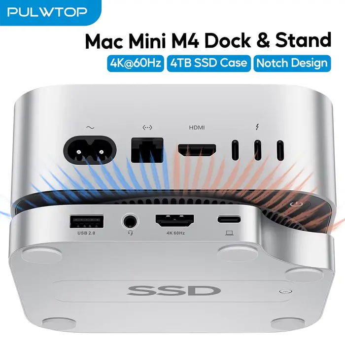 Hub PULWTOP Mac Mini M4 avec boîtier SSD M.2 (non inclus), avec HDMI 4K 60Hz, accessoires Hub USB C 