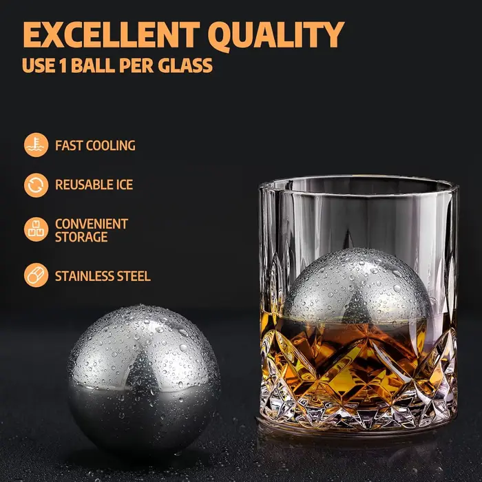 2 pierres à whisky pour glaçons - Boules de congélateur réutilisables en acier inoxydable